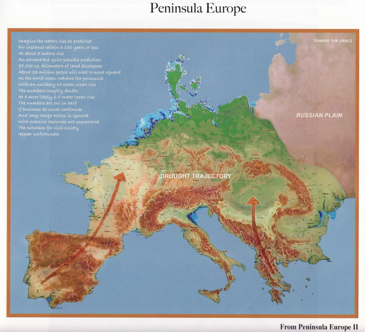 Harrison studio From Peninsula Europe II, 8' x 94 digital image and oil - Peninsula Europe: The rising of waters, the trajectory of drought. So with this scenario the peninsula loses about half its ability to produce its own food. Somebody said that it can be grown on the Russian plain instead. You said, or I said,